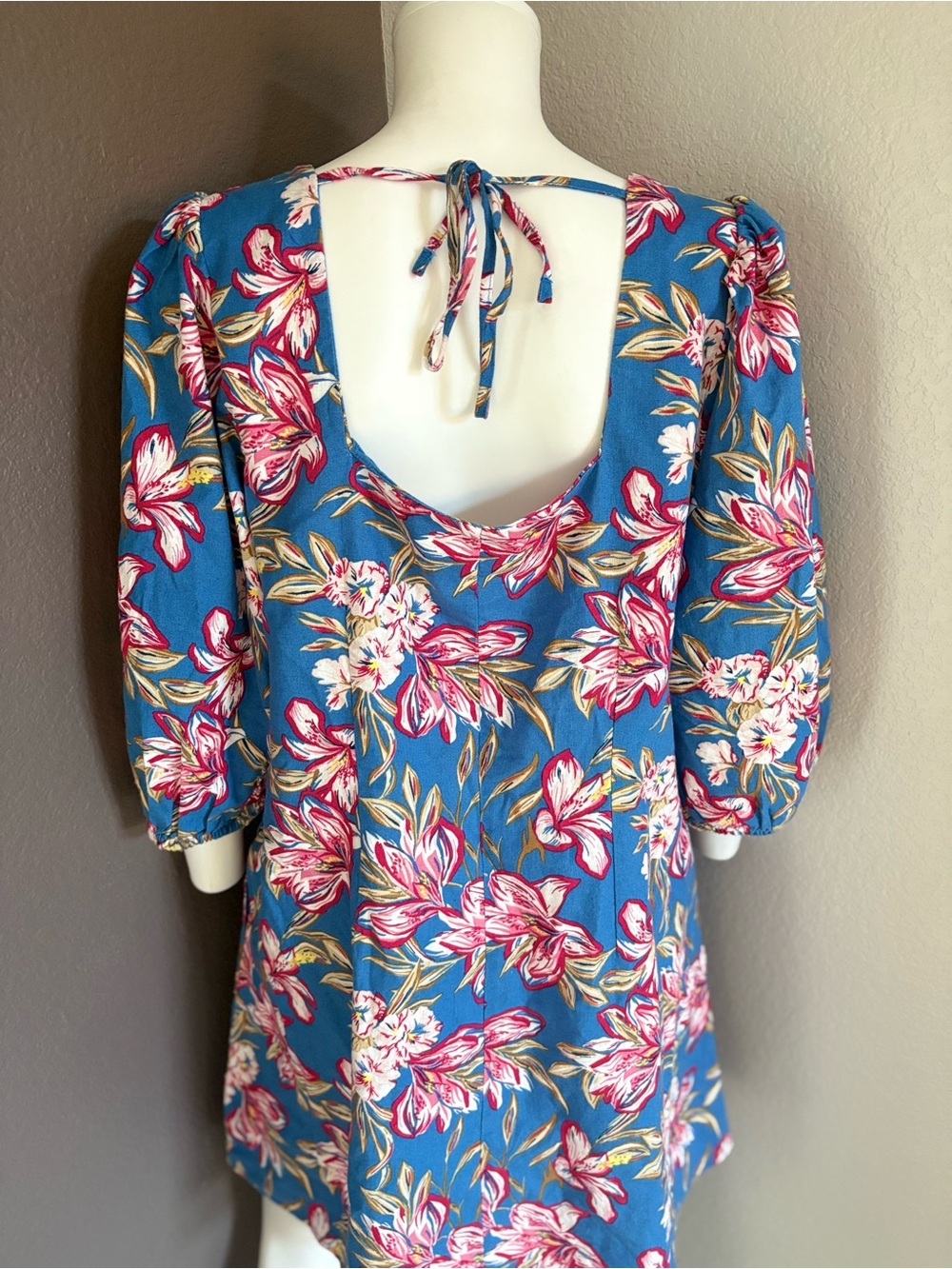 a new day Teal-Blue Floral Square-Neck Mini Dress with Pink Blooms - Picture 4 of 7